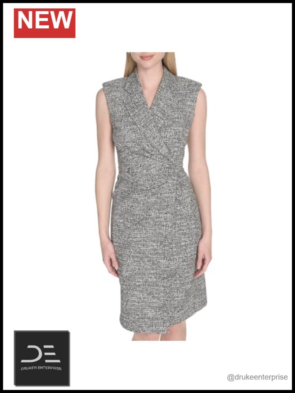 Tweed Sleeveless Collared Wrap Knee Length Dress Business Casual